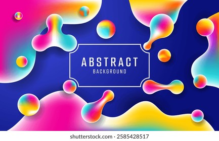 The image showcases an abstract background featuring bright colorful fluid shapes and spheres on a dark blue backdrop.