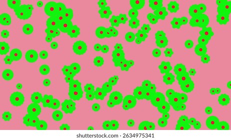 The image showcases an abstract floral pattern featuring an array of green flower-like shapes scattered across a vibrant pink background. Each "flower" is defined by its scalloped edges and is punctua