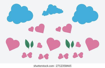 La Imagen muestra una disposición de Elementos simples de estilo plano, tres nubes azules, corazones rosados en varios tamaños, pares de hojas verdes y formas de corazón rosado unidas, todo sobre un fondo limpio.