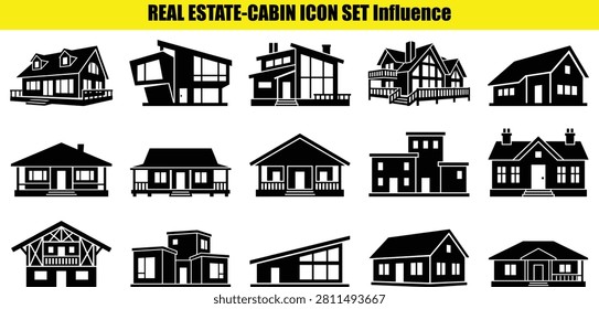 The image showcases an assortment of house forms each with distinct architectural features rendered as two-dimensional shapes. Notable details include varied rooflines window arrangements and overall structural designs.