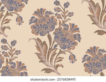 The image showcases a background pattern featuring floral motifs intricately designed with artistic embroidery. It highlights the beauty of fabric and clothing designs