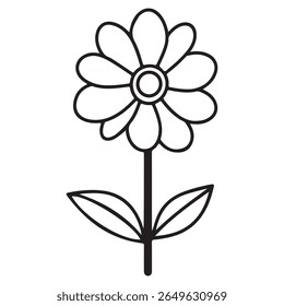 Image showcases a basic black line art featuring a flower with multiple petals, a central circle, a stem, and two leaves near the bottom. This is on a transparent background.