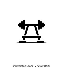 A imagem mostra um haltere preto posicionado em um rack. Este ícone simples é definido contra um fundo branco, adequado para representar equipamentos de ginástica.