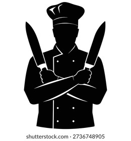 The image showcases a black silhouette of a chef with arms crossed, confidently holding two large knives. The chef is wearing a tall, traditional chef's hat and uniform.