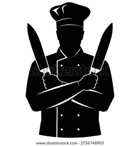 The image showcases a black silhouette of a chef with arms crossed, confidently holding two large knives. The chef is wearing a tall, traditional chef's hat and uniform.