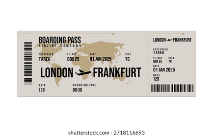 A imagem mostra um cartão de embarque destacando um voo de Londres a Frankfurt, detalhes da viagem.