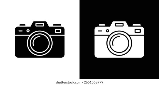 La Imagen muestra un contorno de cámara en negro sobre un fondo blanco y en blanco sobre un fondo negro, separados verticalmente. Símbolo fotográfico minimalista.