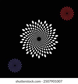 The image showcases a captivating mandala design set against a black backdrop. The central mandala is composed of numerous white petal-like shapes arranged in a swirling, spiral pattern.