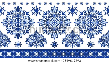 The image showcases a classic blue and white floral pattern, reminiscent of traditional Portuguese tiles or Delftware. The design features intricate swirls, flourishes, and stylized flowers, creating 
