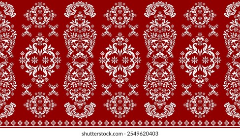 La Imagen presenta un patrón clásico de damasco rojo y blanco, que recuerda a los textiles tradicionales europeos. El diseño presenta intrincados remolinos, flores y flores estilizadas, creando una sensación de bienestar