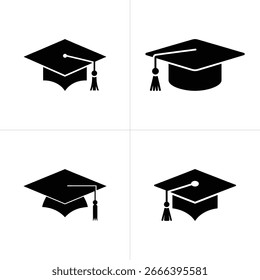 La Imagen muestra una colección de cuatro íconos de gorras de graduación en blanco y negro. Estos Elementos gráficos simbolizan el logro académico y el éxito, cada uno con un diseño de mortero único.