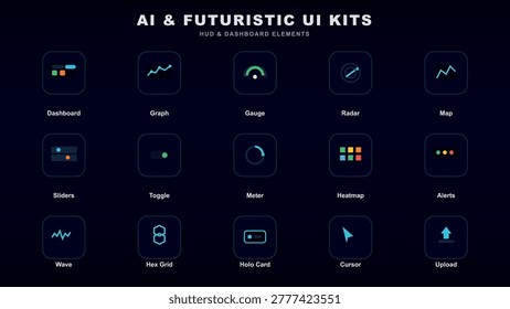 The image showcases a collection of futuristic UI kits and dashboard elements designed for AI applications. It features various graphical components such as a dashboard, graph, gauge, radar, map, sliders, toggle, meter, heatmap, alerts, wave, hex grid, holo card, cursor, and upload icons. Each element is depicted with a modern and sleek design, emphasizing a futuristic aesthetic suitable for advanced technological interfaces.