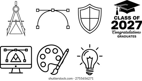 The image showcases a collection of icons representing various creative and educational tools, including drafting instruments, a light bulb symbolizing ideas, a paint palette for art, and a shield for protection or achievement. These icons are associated with the upcoming class of 2027, emphasizing engineering, innovations, and artistic skills. The combination of these tools suggests an interdisciplinary approach to learning and creativity.