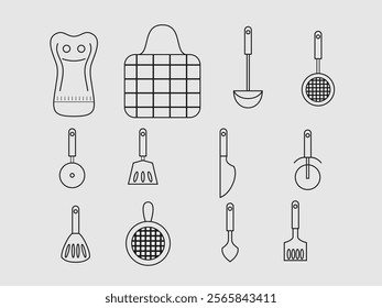 The image showcases a collection of kitchen utensils and tools depicted in simple line art on a light gray background