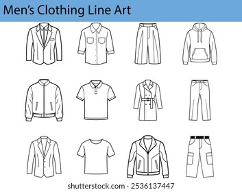 A imagem mostra uma coleção de itens de vestuário masculinos desenhados em um estilo de arte de linha. As ilustrações retratam um blazer, camisa, calças, capuz, jaqueta, camisa polo, casaco, jeans, camisa e calças de carga.