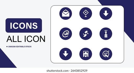 The image showcases a collection of nine simple white icons set against a dark blue circular background, arranged in a grid.