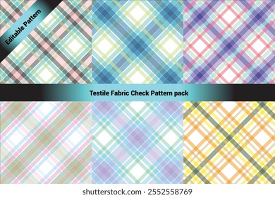 The image showcases a collection of six textile check patterns arranged in a 2x3 grid format. Each pattern features a classic crisscross plaid design with varying colors and transparency.