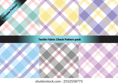 The image showcases a collection of six textile check patterns arranged in a 2x3 grid format. Each pattern features a classic crisscross plaid design with varying colors and transparency.