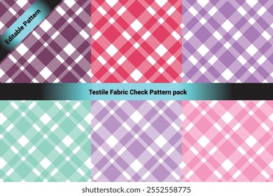 The image showcases a collection of six textile check patterns arranged in a 2x3 grid format. Each pattern features a classic crisscross plaid design with varying colors and transparency.