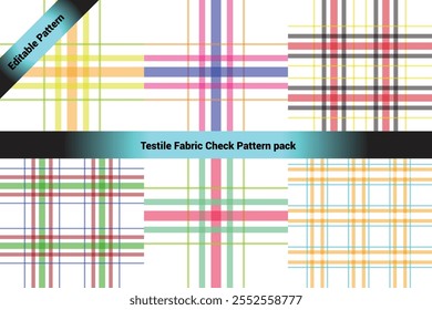 The image showcases a collection of six textile check patterns arranged in a 2x3 grid format. Each pattern features a classic crisscross plaid design with varying colors and transparency.