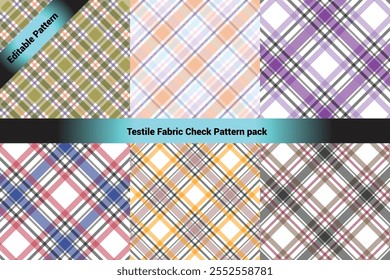 The image showcases a collection of six textile check patterns arranged in a 2x3 grid format. Each pattern features a classic crisscross plaid design with varying colors and transparency.