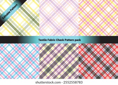 The image showcases a collection of six textile check patterns arranged in a 2x3 grid format. Each pattern features a classic crisscross plaid design with varying colors and transparency.