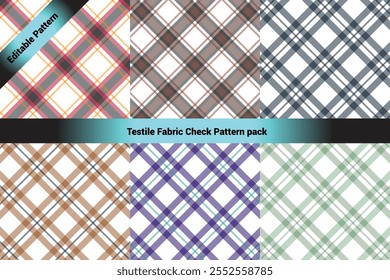 The image showcases a collection of six textile check patterns arranged in a 2x3 grid format. Each pattern features a classic crisscross plaid design with varying colors and transparency.