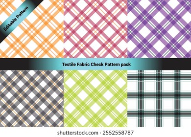 The image showcases a collection of six textile check patterns arranged in a 2x3 grid format. Each pattern features a classic crisscross plaid design with varying colors and transparency.