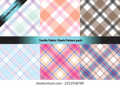 The image showcases a collection of six textile check patterns arranged in a 2x3 grid format. Each pattern features a classic crisscross plaid design with varying colors and transparency.