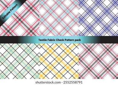 The image showcases a collection of six textile check patterns arranged in a 2x3 grid format. Each pattern features a classic crisscross plaid design with varying colors and transparency.