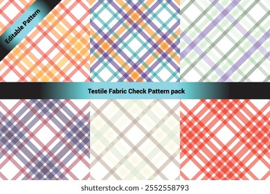 The image showcases a collection of six textile check patterns arranged in a 2x3 grid format. Each pattern features a classic crisscross plaid design with varying colors and transparency.