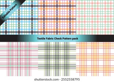 The image showcases a collection of six textile check patterns arranged in a 2x3 grid format. Each pattern features a classic crisscross plaid design with varying colors and transparency.