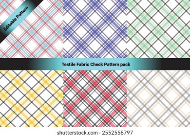 The image showcases a collection of six textile check patterns arranged in a 2x3 grid format. Each pattern features a classic crisscross plaid design with varying colors and transparency.