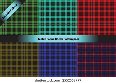 The image showcases a collection of six textile check patterns arranged in a 2x3 grid format. Each pattern features a classic crisscross plaid design with varying colors and transparency.