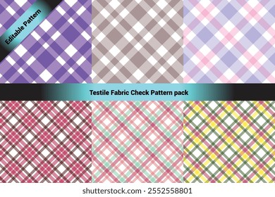 The image showcases a collection of six textile check patterns arranged in a 2x3 grid format. Each pattern features a classic crisscross plaid design with varying colors and transparency.