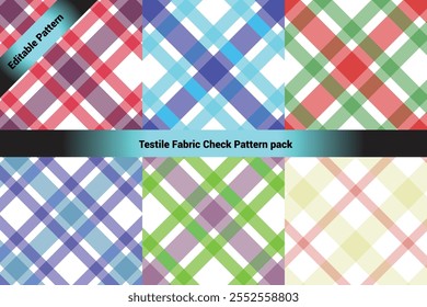 The image showcases a collection of six textile check patterns arranged in a 2x3 grid format. Each pattern features a classic crisscross plaid design with varying colors and transparency.