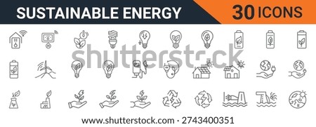 The image showcases a collection of thirty simple line icons related to sustainable energy and eco-friendly practices. The icons are presented on a clean white background, making it easy to visualize and utilize them for various purposes, such as presentations, websites, or educational materials, promoting environmentally conscious themes and ideas.