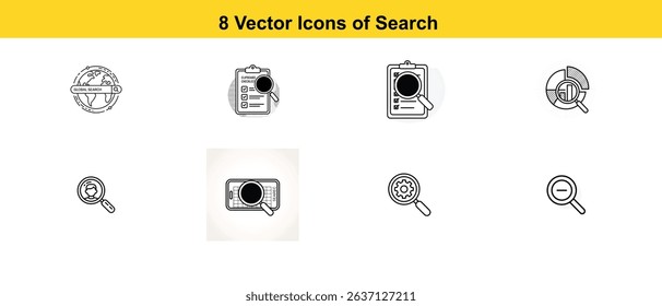 The image showcases a collection of vector icons featuring different magnifying glass designs and search symbols. The icons are part of a portfolio for Shutterstock, labeled as "8 Vector Icons of Sear