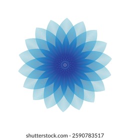 The image showcases a complex geometric pattern resembling a flower or mandala, created using overlapping, symmetrical, and intricate blue lines. The pattern consists of multiple layers of petal-like 