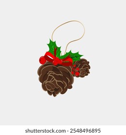 The image showcases a decorative Christmas ornament featuring a brown pinecone adorned with holly leaves and red berries. A bright red ribbon and additional berry clusters enhance the festive look, wh