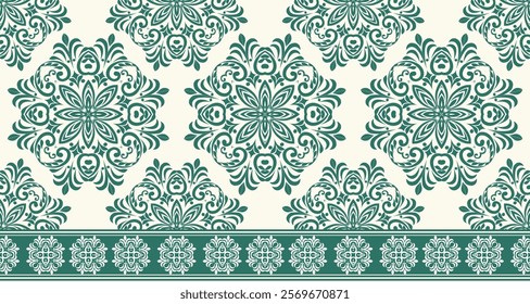 The image showcases a decorative pattern with a distinct vintage or traditional aesthetic. It features a repeating motif of intricate, curvilinear floral designs