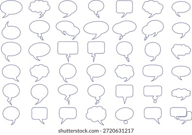 The image showcases a dense arrangement of various speech and thought bubbles, represented as simple, outlined shapes. These elements are ideal for illustrating dialogue or thought processes. high-quality professional detailed