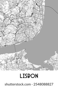 The image showcases a detailed black and white map of Lisbon, Portugal. The city's intricate network of streets and roads is depicted against a light gray background.
