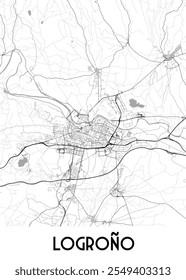 La Imagen muestra un detallado mapa en blanco y negro de Logroño, España. El mapa destaca la red de calles de la ciudad, las principales carreteras y las áreas circundantes. Un río serpentea por la ciudad.