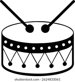 A imagem mostra um ícone detalhado de tambor preto e branco sobre um fundo branco escuro. Duas baquetas descansam no tambor, adicionando ao tema musical.