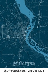 The image showcases a detailed map of Dubuque, Iowa, rendered in a minimalist style. The map features a dark blue background with a prominent river winding through the city.