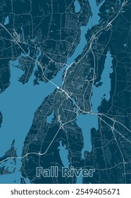 The image showcases a detailed map of Fall River, Massachusetts, rendered in a minimalist style. The map features a deep blue background with white lines representing roads, highways, and waterways.