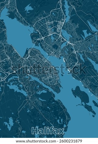 The image showcases a detailed map of Halifax, Canada, rendered in a minimalist style. The map features a deep blue background with white lines representing roads and waterways.
