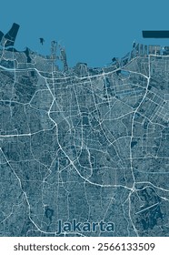 The image showcases a detailed map of Jakarta, Indonesia, rendered in a minimalist style. The map features a blue background with white lines representing roads and waterways.