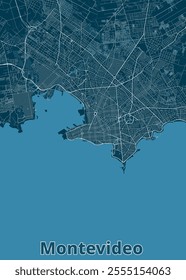 The image showcases a detailed map of Montevideo, Uruguay, rendered in a minimalist style. The city's street network is depicted in white lines against a dark blue background.